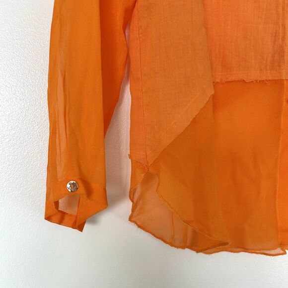 GUC Bailey 44 Cotton Silk High-Low Blouse Orange Sz S Sheer Sleeve Collared Top - Picture 15 of 15
